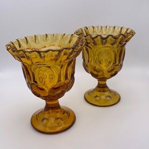 Vintage Pair of LE Smith Moon & Stars Amber Ruffled Edge Pedestal Goblet Compote